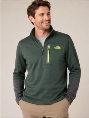 The North Face Mens 1/4 Zip Fleece Pullover Green Grey Neon Sz L